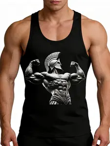 Men's Fine Strap Tank Top, Spartan Warrior Muscle Pattern, Gym Training Sleeveless Shirt, Bodybuilding Sports Apparel
