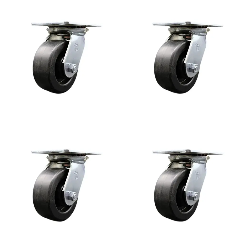 Service Caster SCC-35S520-POB-4 Heavy Duty Large Top Plate Polyolefin Swivel Metal Ball Castors, Maintenance-Free Bearings, 5x2 in. Black Wheels - 2600 lbs Total Capacity, Set of 4