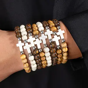 8pcs Men's Women‘s Vintage Ethnic Style Turquoise Wood CCB Cross Elastic String Multi-layer Bracelets, Suitable for Daily Wear & Banquets