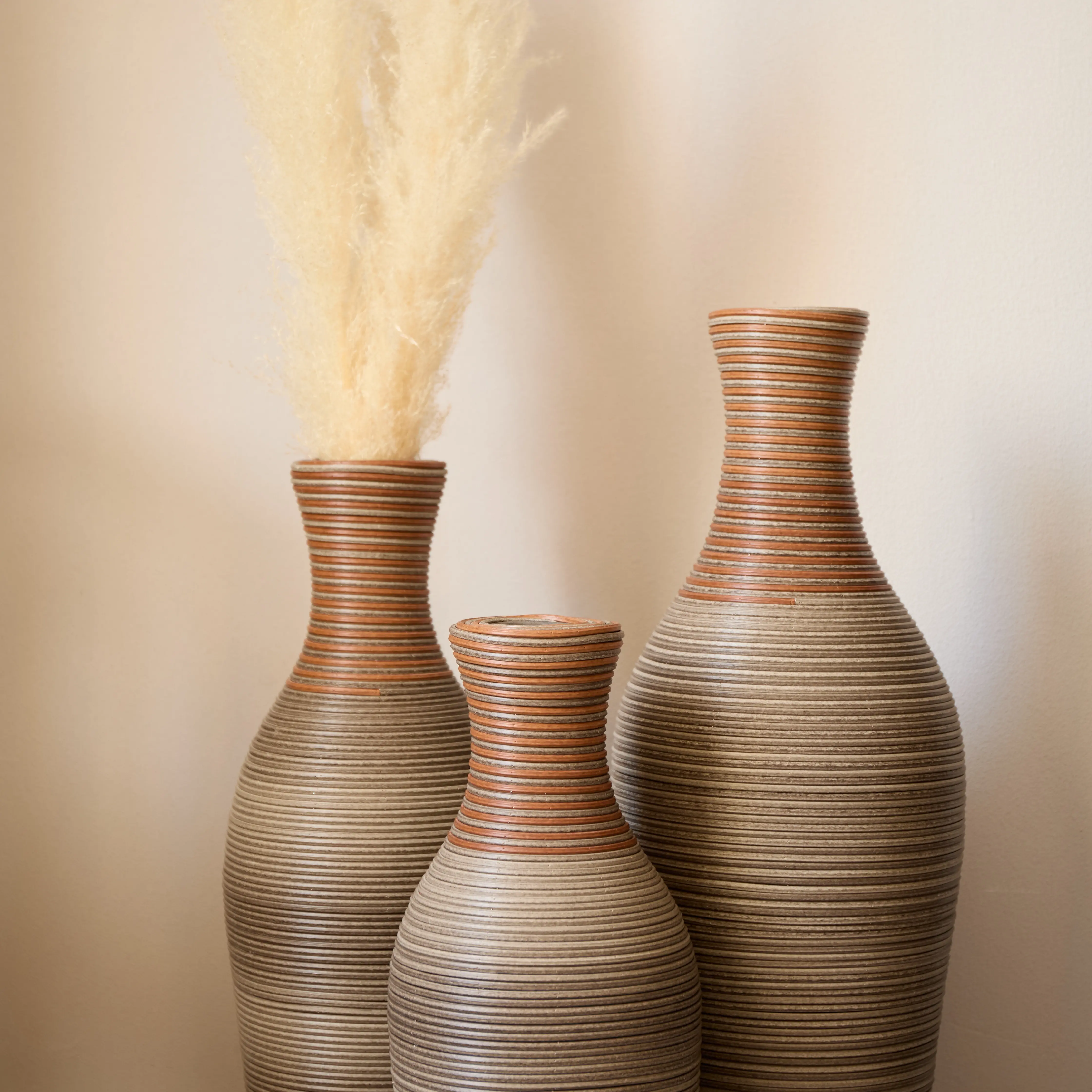 3-Pack Hand-Woven PVC Rattan Floor Cachepots, Brown Imitation Rattan Tall Vases for Farmhouse Boho Home Decor, Dried Pampas Grass Display