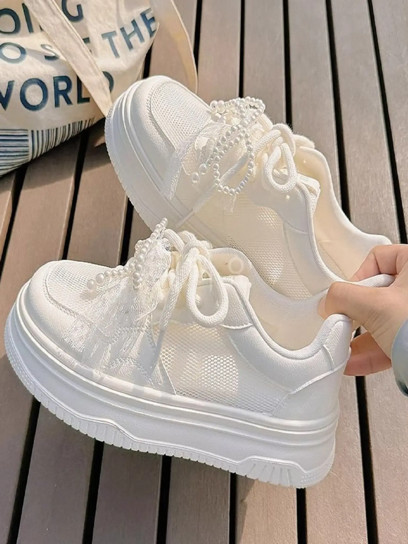 Women's White Athletic Thick Sole Platform Sneakers Breathable Mesh Summer Shoes Pearl Lace Decor Kawaii Casual Shoes Comfortable Height Increasing Fashion Sneakers for Women 2026 Trainer