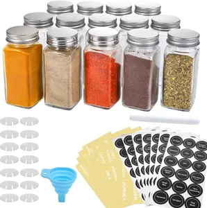 14 Pcs Glass Spice Jars with Spice Labels - 4oz Empty Square Spice Bottles - Shaker Lids and Airtight Metal Caps - Chalk Marker and Silicone Collapsible Funnel Included