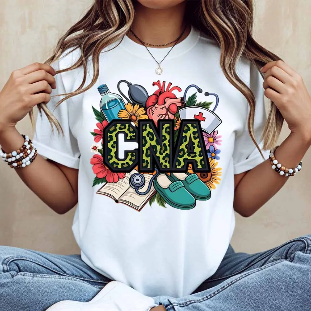 Cna Nurse Medical Equipment And Flowers Print T Shirt Women Casual Short Sleeve Top
