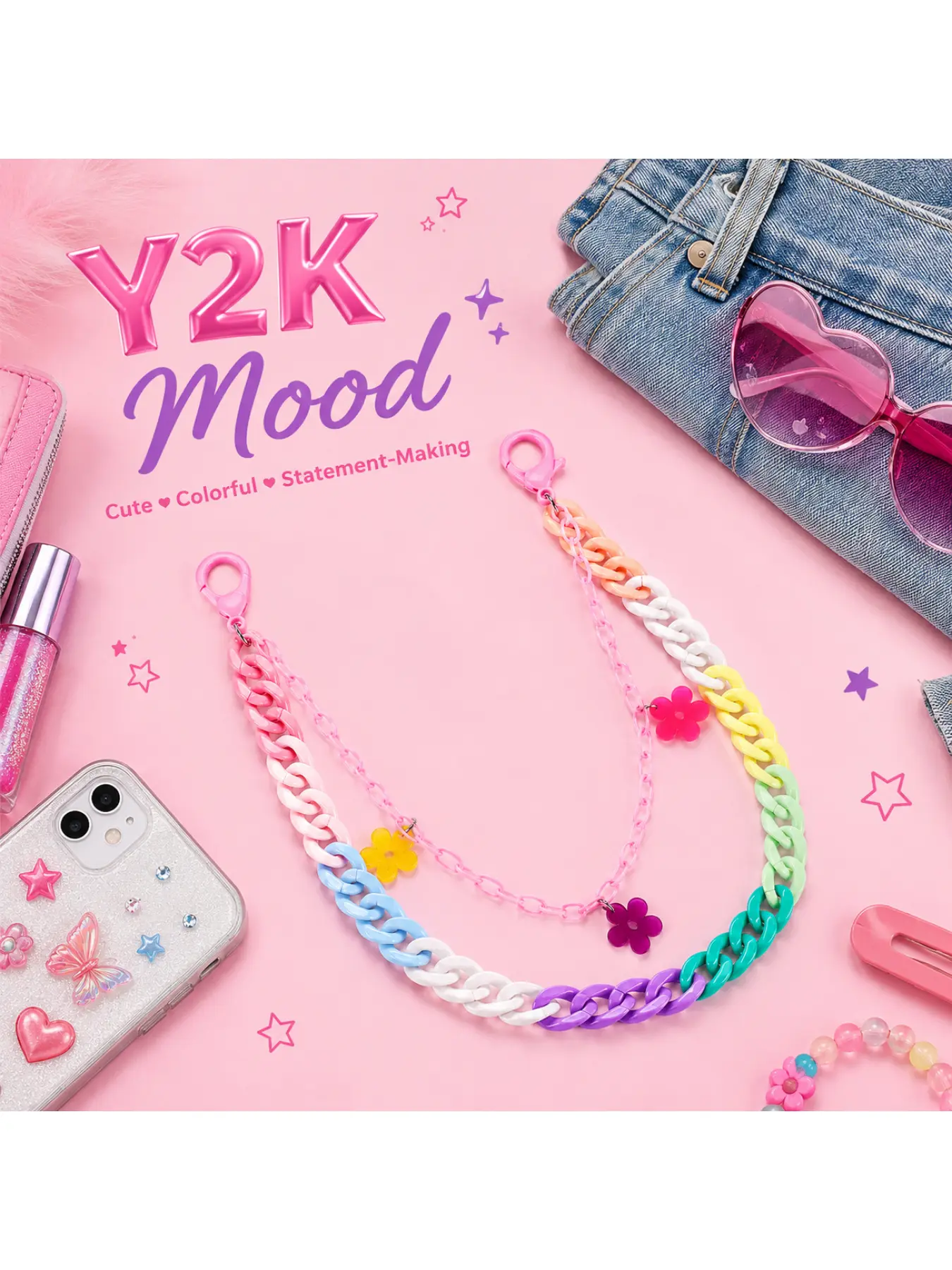 Y2K Style Rainbow Acrylic Layered Waist Chain with Flower Charms Pastel Color Pants Chain Belt Kawaii Harajuku Fashion Accessory for Women Alt Outfits Jeans and Skirts