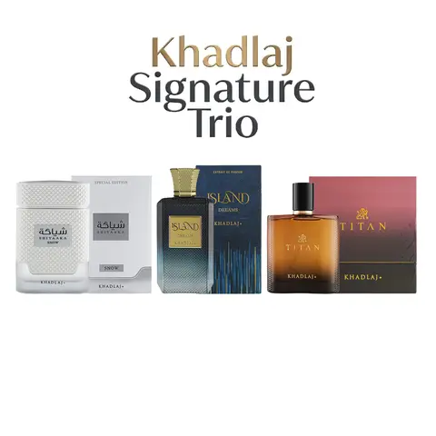 Khadlaj Signature Trio: 3-Piece Bundle for Unisex (Khadlaj Shiyaaka Snow – Khadlaj Island Dreams – Khadlaj Titan) | 100 ML – 3.4 Ounce Each | Fresh – Citrus – Amber – Woody Notes