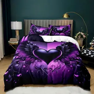 Angel Wing & Heart Pattern Bedding Set, 3 Counts/set Including Duvet Cover & Pillowcase, Soft Comfortable Bedding Set for Home Bedroom, Duvet Cover Sets