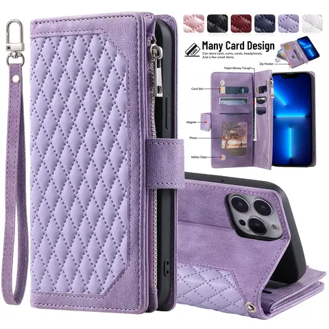 NUYETE Zipper Leather Wallet Case for iPhone 16 15 14 13 12 Pro Max, with Card Holder & WristBand Strap Flip Stand Cover Shockproof Protective Phone Case