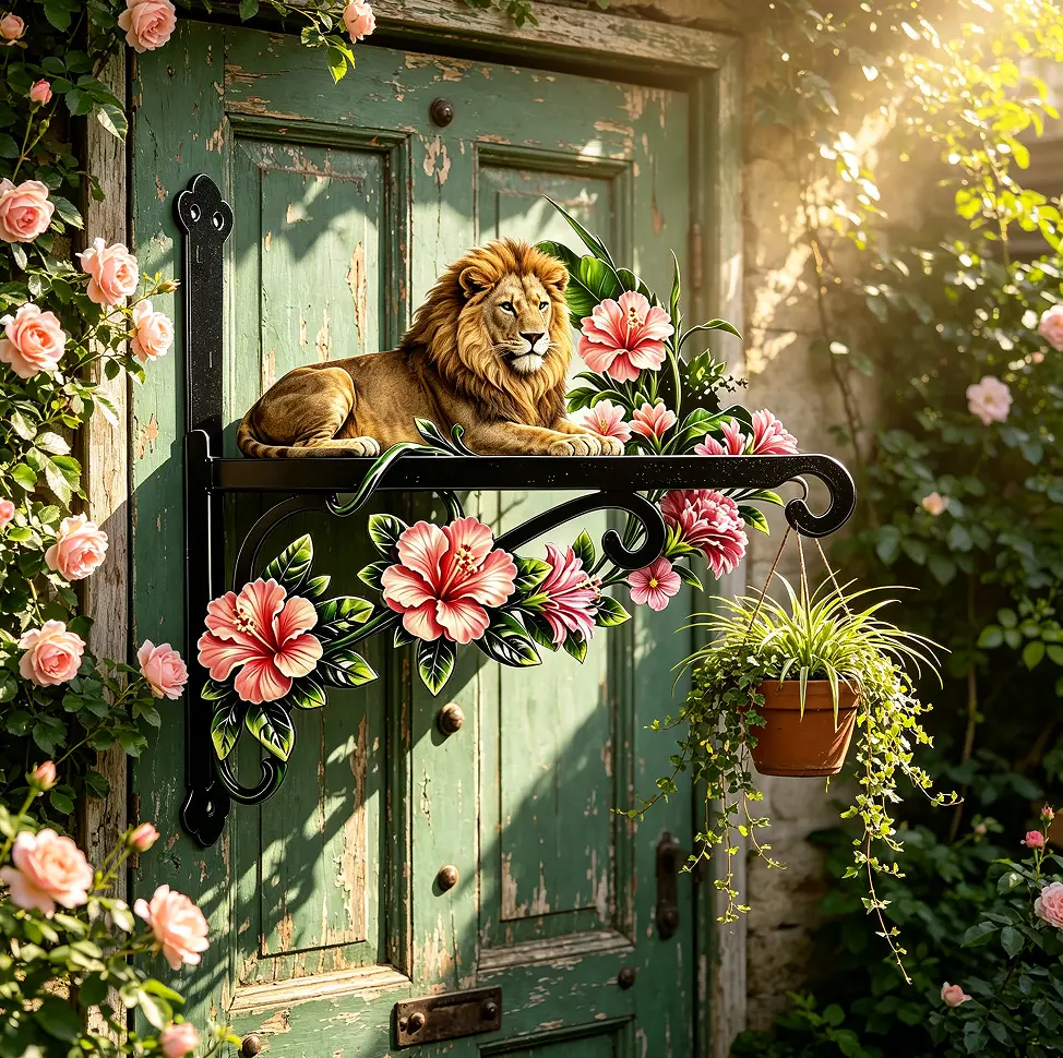 Upgraded thickened bendable ironwork planter hanging bracket; limited edition lion and hibiscus print hanging planter stand. Suitable for porch fences, backyards, balconies, and gardens; ideal for gardening enthusiasts and home owners.
