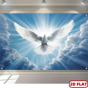 2D Flat Christ Party Banner Holy Spirit Dove Radiant Sky Backdrop Durable Polyester Religious Decoration for Church Home Birthday Baptism Wedding Indoor Outdoor Christian Wall Ornaments Christmas Geometric Silk