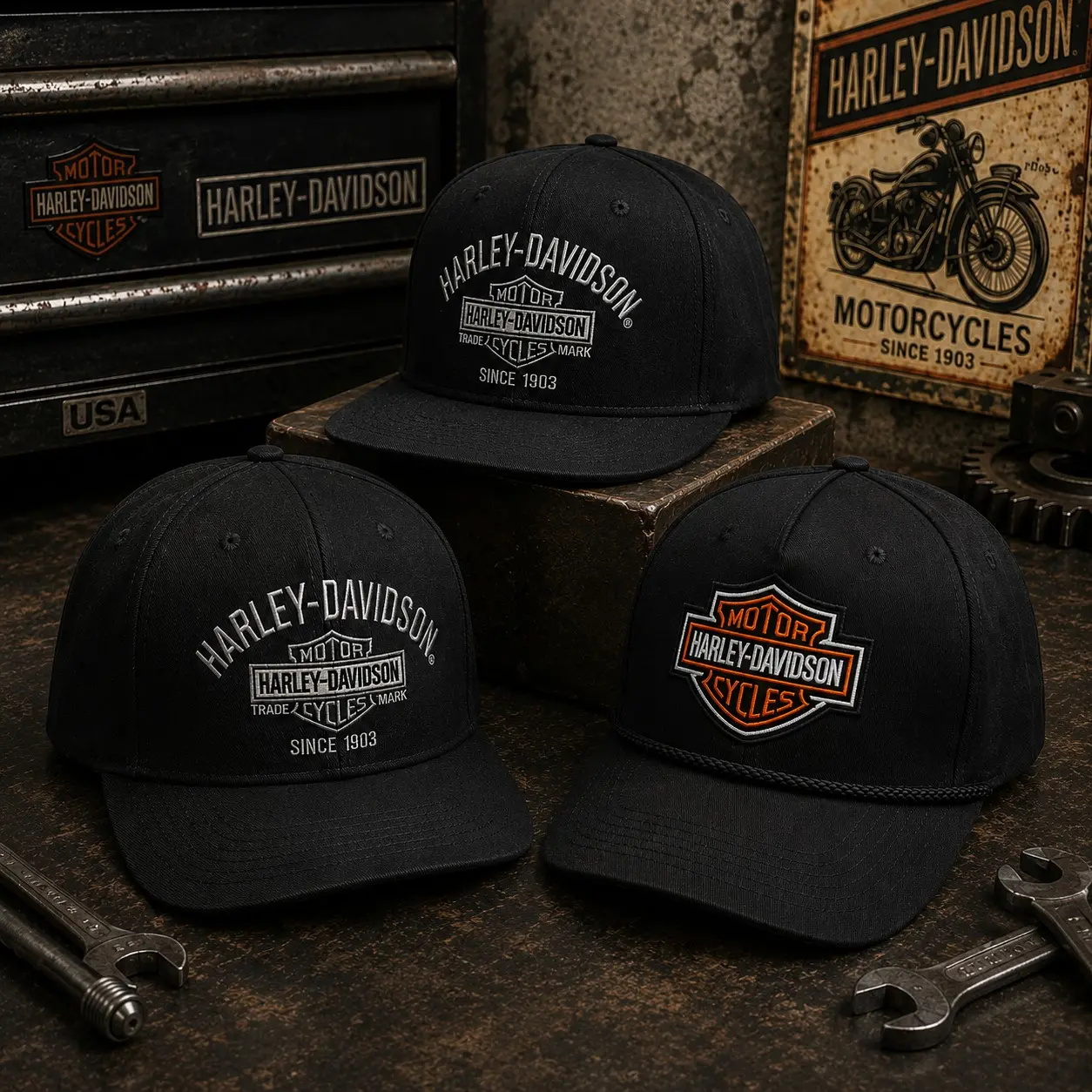 Harley-Inspired Embroidered Snapback Hat, Flat Bill Adjustable Trucker Cap, Vintage Motorcycle Streetwear Hat for Men & Women