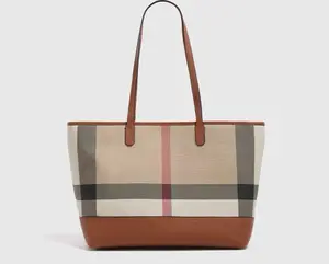 LILI Checkered Tote Bag with Brown Leather Accents and Do Not Wash Feature