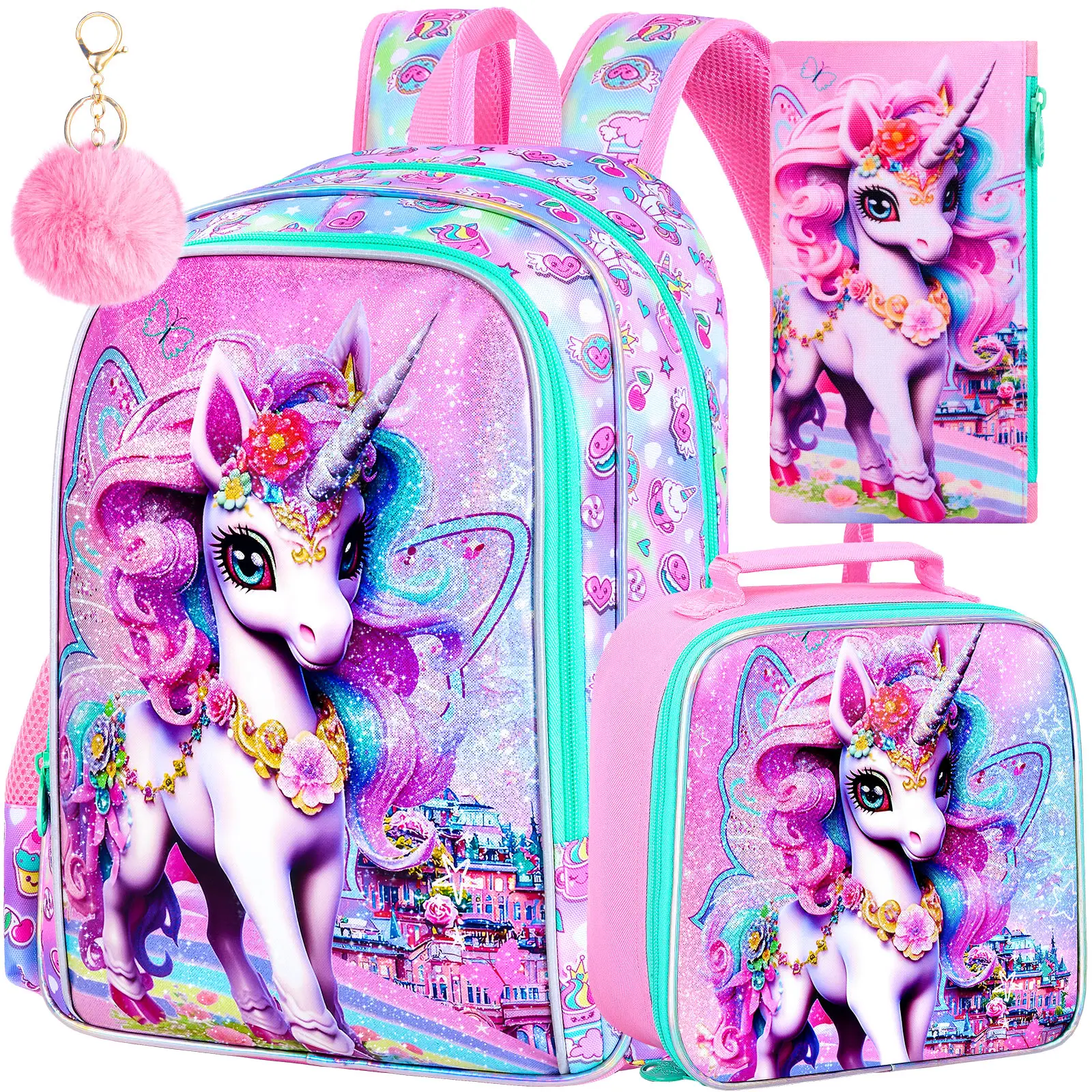 16" Unicorn Backpack, 3Pcs School Bookbag for Girls with Lunch Box, Kids Backpacks for Elementary Preschool Kindergarten(Pink)