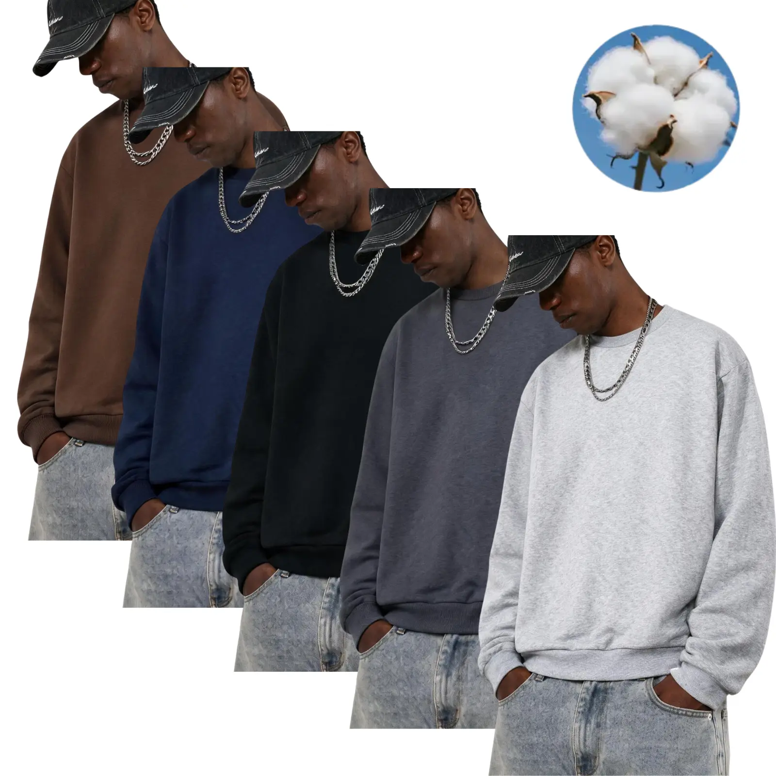 Men's cotton-blend solid-color crewneck pullover sweatshirt with dropped shoulders and a loose fit, casual top