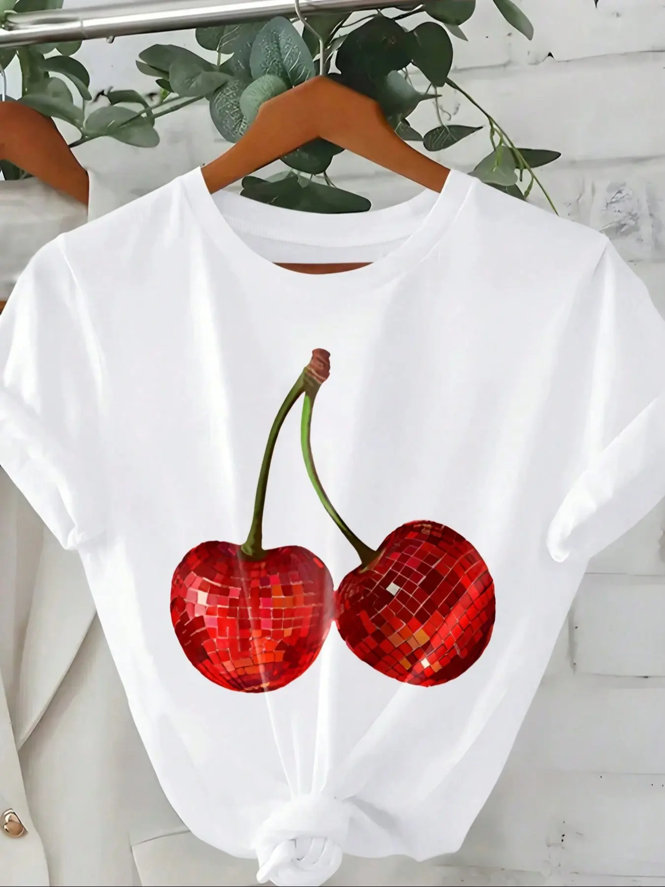 Women's Cherry Print Printed Half Sleeve T-Shirt, Casual Round Neck Top, Daily Wear, All Seasons, Loose Fit, Animal Pattern, Versatile Shirt, Womenswear