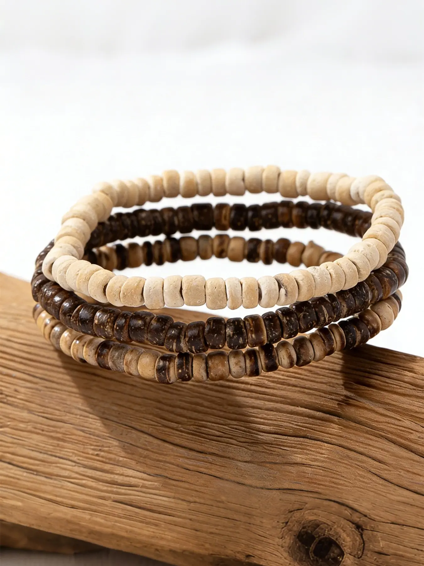 3pcs Boho Style Coconut Shell Elastic Bracelet Set, Multi-Color Wooden Beads Stackable Design Bracelets, Beaded Bracelet Sets, Bohemian Bracelets, Perfect for Daily Wear or Vacation