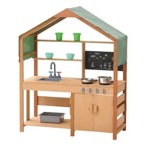 VEVOR Mud Kitchen for Kids, Wooden Toy Play Kitchen Set with Accessories, Outdoor Toddler Grocery Store Playset, Pretend Play Kitchen with Stoves, Planter Boxes, Sink, Faucet, Blackboard, Cookware Pot