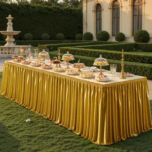 Gold Glitter Satin Table Skirt for 6Ft / 9Ft Rectangle Tables, Shiny Pleated Ruffle Desk Skirting - Smooth, Wrinkle-Free Classic Home & Festive Party Decoration for Weddings, Mother's Day