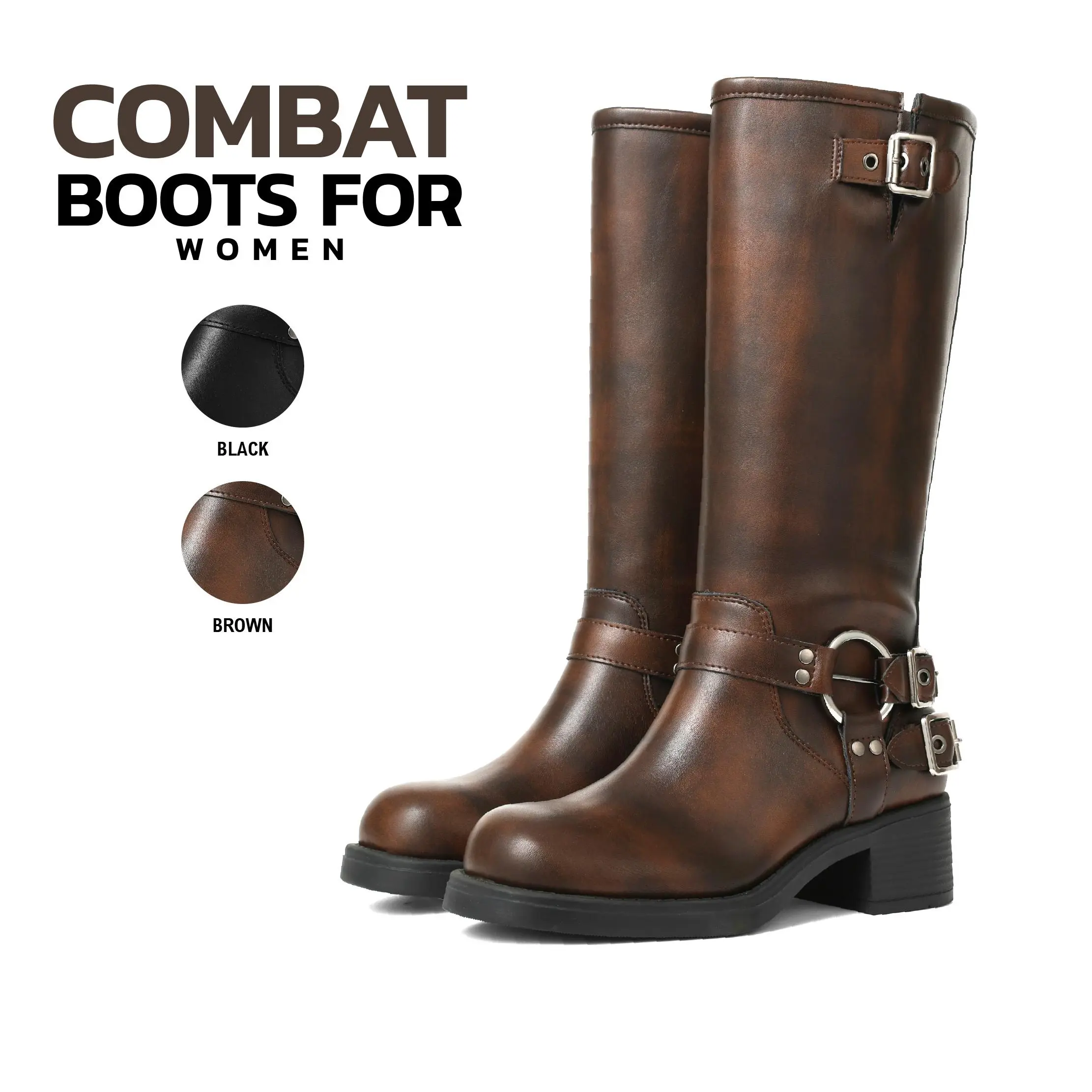 Combat Boots For Women Round Toe Chunky Block Heel Metal Buckle Straps Pull On Fashion Retro Party Punk Rave Rocky Concert Vintage Riding Cowboy Cowgirl Boot Rocky Motorcycle Booties Summerwins