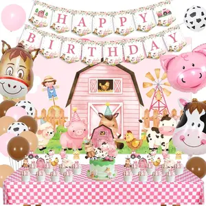 Pink Farm Birthday Party Decorations For Girls Farm Barnyard Happy Birthday Banner Cake Toppers Party Backdrop Tablecloth Cow Pig Donkey Balloons For 1St 2Nd Farm Theme Birthday Party Supplies Indoor Outdoor