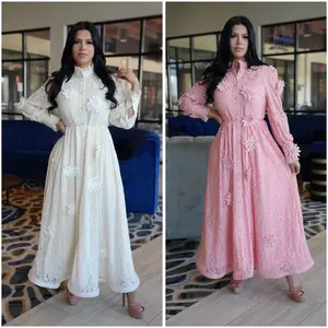 Fatima Peach/Ivory Maxi Dress - Elegant Long Sleeve Lace Gown with Floral Embellishments for Special Occasions