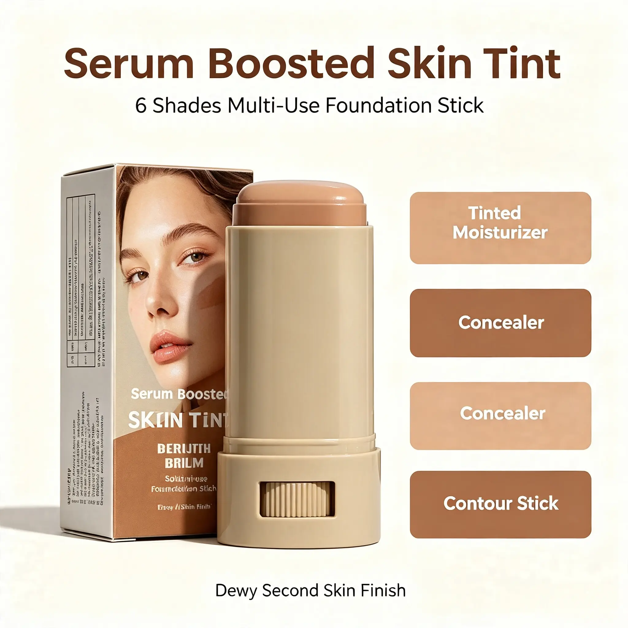 Beauty Balm Serum Boosted Skin Tint Foundation Stick, 6 Shades Multi Use Tinted Moisturizer Concealer Contour Stick, Buildable Full Coverage Cream Makeup Stick, Silky Dewy Radiant Finish, Blendable Non-Cakey For All Fair Medium Deep Skin Tones