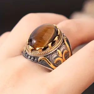 Timeless Men'S Tiger Eye Ring - Fashion-forward Retro Oval Design, Punk-inspired Handcrafted Faux Gemstone Ring with Bold and Unique Details