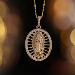Fashionable Three Color Gold Plated Jewelry Virgin Mary Pendant Necklace Exquisite Cubic Zirconia Necklace Women Gift