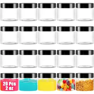 20 Pack 2 oz Clear Plastic Round Slime Containers Empty Plastic Storage Jars with Black Lids Refillable for Slime Cosmetic Cream Paint Jewelry