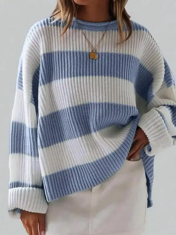 Women's Colorblock Striped Print Drop Shoulder Sweater, Fall Outfits, Casual Long Sleeve Round Neck Jumper for Fall, Fashion Ladies' Knitwear  Tops for Daily Wear, Preppy 80s  Clothing