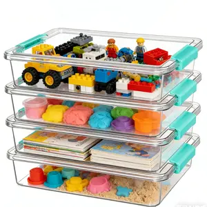 4 Pack Clear Plastic Storage Bins with Lids, 6 Qt Stackable Multilayer Storage Containers, Organizer for Toys LEGO Crafts Office Supplies