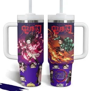 Demon Slayer Nezuko & Tanjiro 40oz Stainless Steel Insulated Tumbler - Kimetsu no Yaiba Anime Water Bottle Flask with Lid, Handle, Portable Straw-Included Reusable Drinkware, Water Bottles