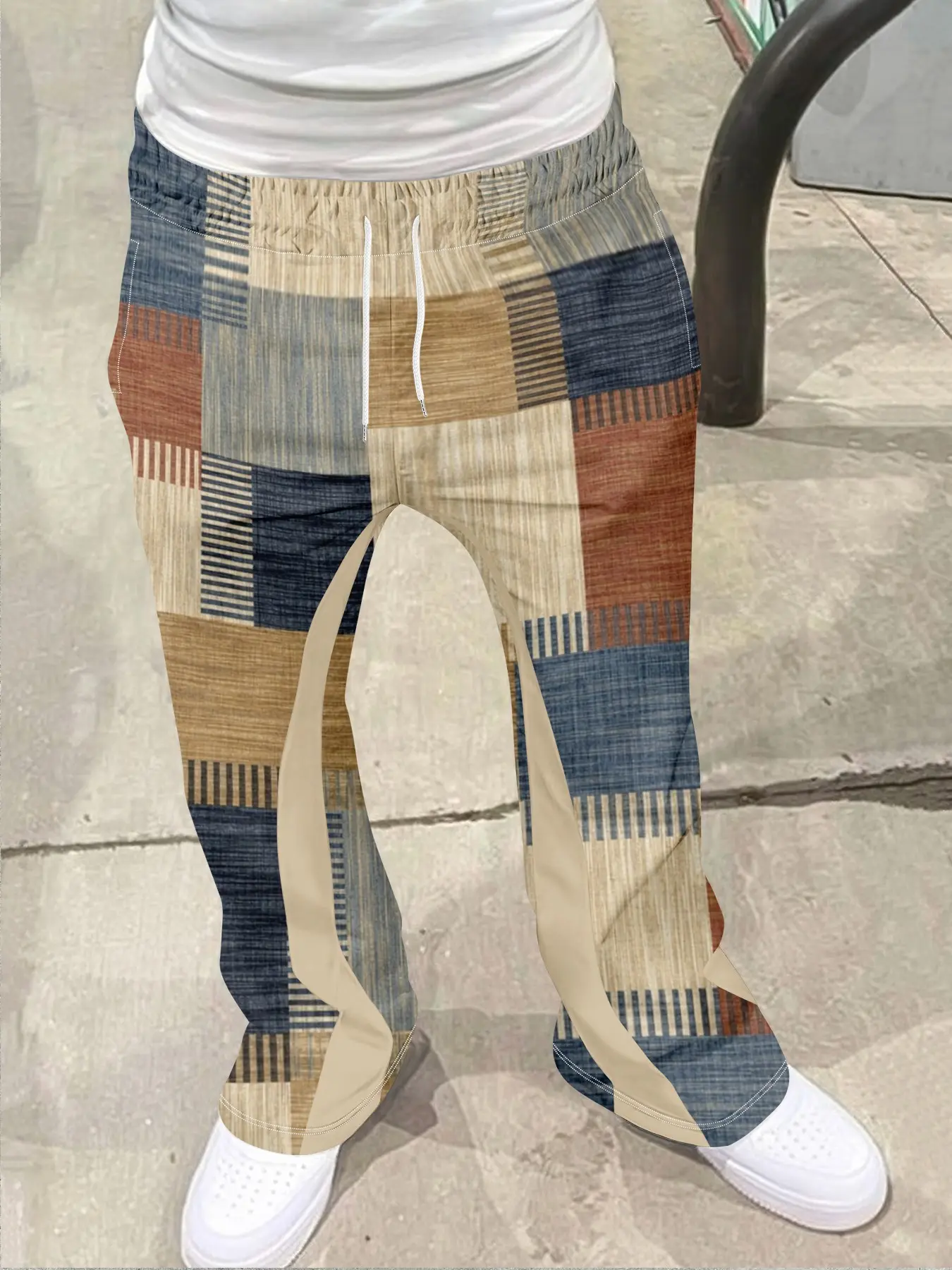 Men's Vintage 3D Faux Denim Loose Bell Bottoms, Bell Bottomed Pants, Hip Hop Casual Streetwear, Wide Leg Pants, Drawstring Sporty Long Pants Trouser, Athleisure Style Pants, Casual Comfy Pants, Casual Streetwear Trousers