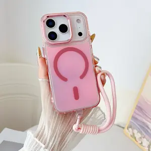Trending Magnetic IP17ProMax Phone Case Glossy Chameleon Fashion with Pink Magnetic Feature Lanyard Compatible