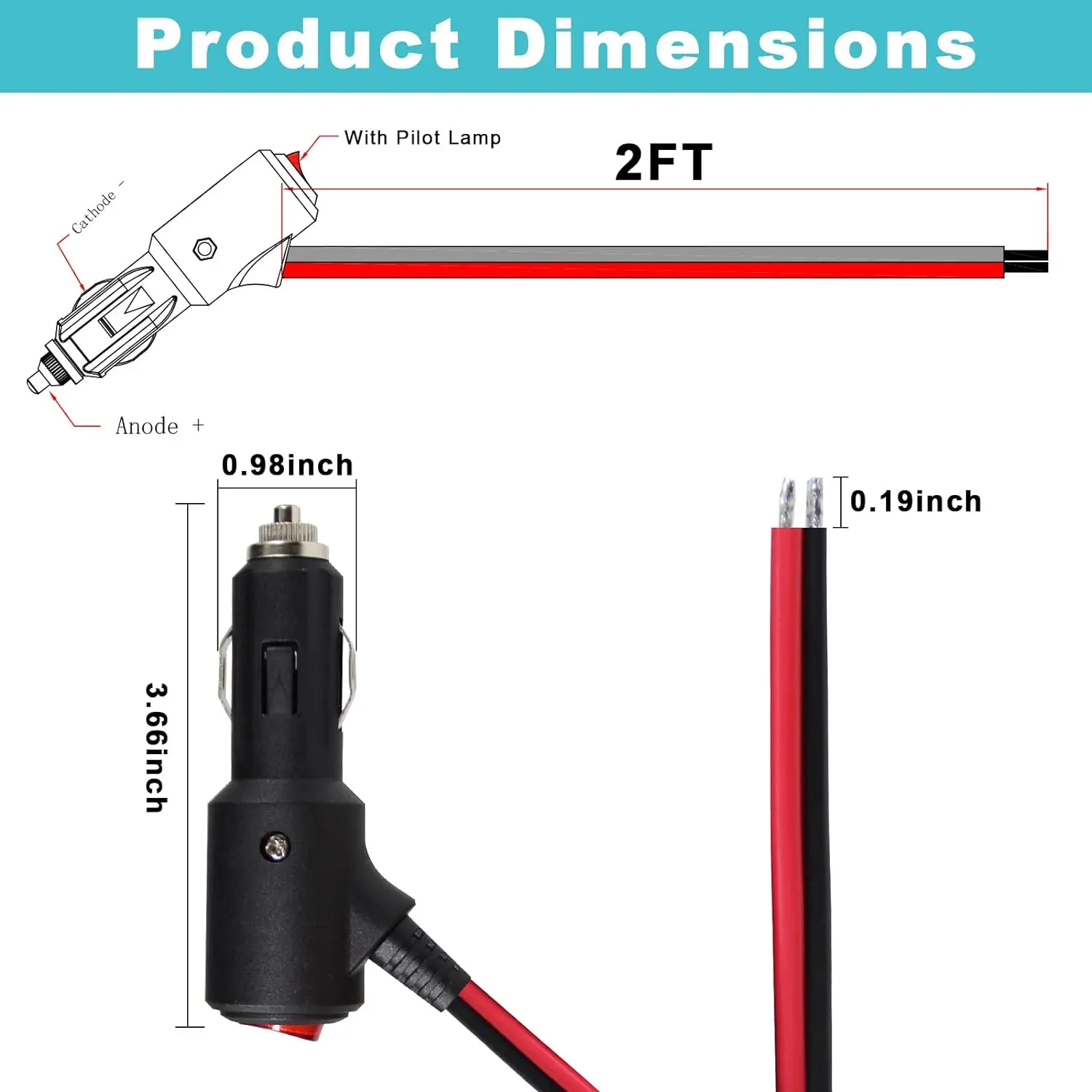 car stuff12V Fused Replacement Cigarette Lighter Male Plug with On Off  Switch - 2FT 12Volt 15amp Cigarette Lighter Plug with Leads and Led Lights,  16AWG Ci