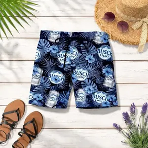 Busch Tropical Forest Matching Couple Swimsuit Set, Busch Light Hawaiian Shorts Men Women Navy Blue Tropical Monstera Hibiscus Beer Can Logo Print Beach Swim Trunks Summer Casual Streetwear Loose Comfortable Vacation