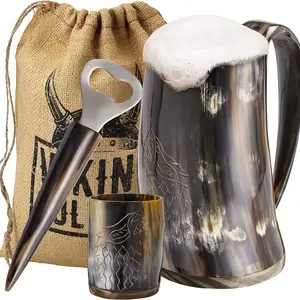 Viking Culture Viking Beer Mug Gift Set - Handcrafted Medieval Drinking Horn Tankard 16 oz Mug 3 oz Shot Glass & Fenrir Bottle Opener Wolf/Fenrir Engraving Unique Christmas Gift for Him Dad Husband Limited 2025 Edition