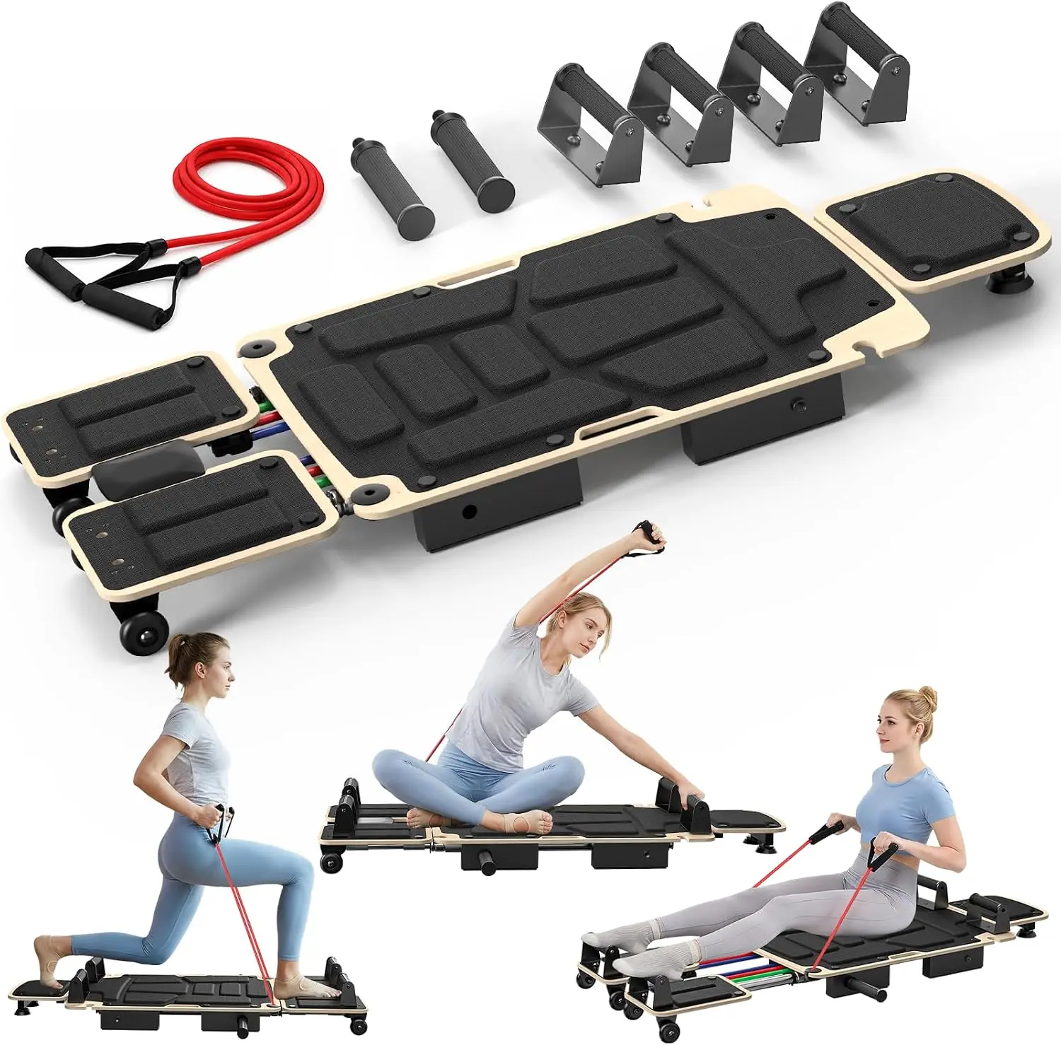Pilates Reformer Board for Home Workouts – Pilates Equipment with Dual & Split Foot Pads, Smooth Sliding Rail System, Adjustable Headrest for Users 3'7" to 6'3", Core & Full-Body Training.