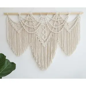 Large Macrame Wall Hanging-Boho Tapestry, Handmade Woven Wall Decor for Bedroom, Living Room, Apartment, Wedding Party - 43"x32" (Beige-fringe)