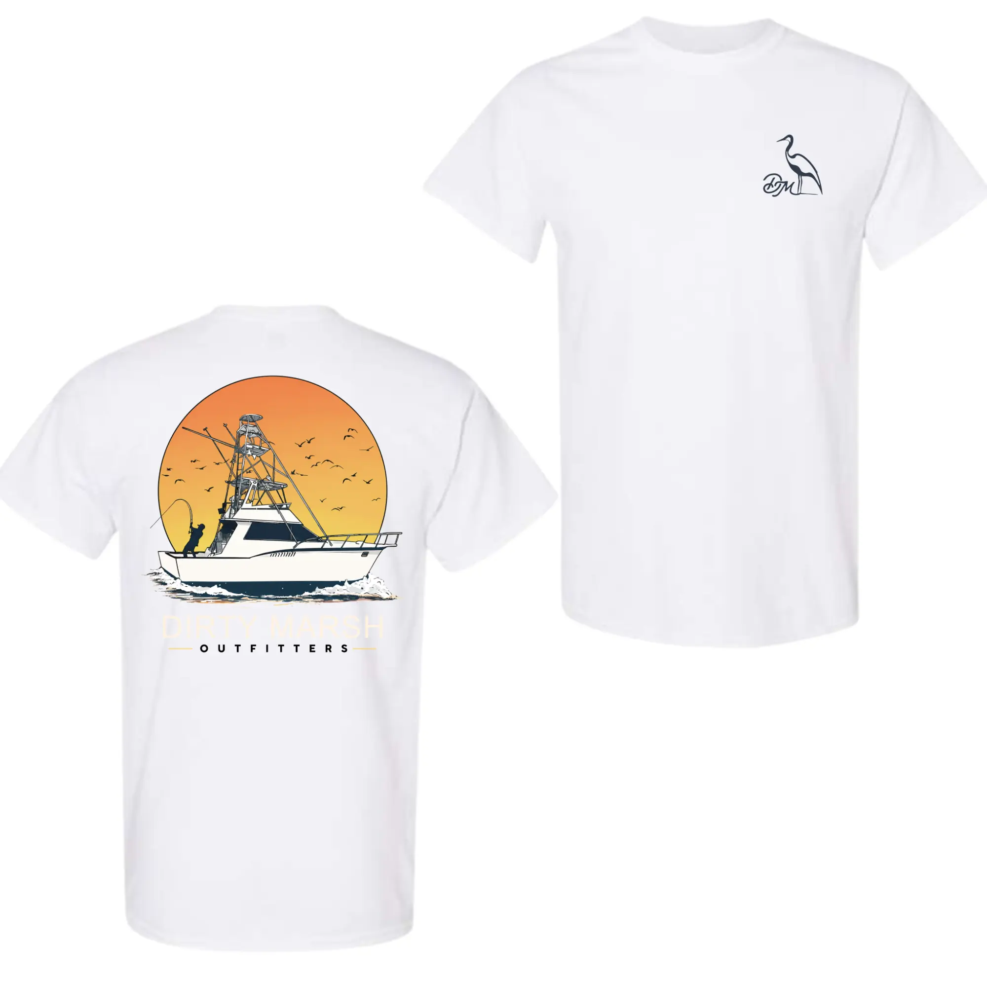Dirty Marsh Outfitters Fishing T-Shirt |       Dad Shirt Retro Boat & Sunset Graphic Tee |       Coastal Saltwater Fishing Shirt |       Gift For Fisherman & Boating Dad |       Comfortable Summer Outdoor ApparelMen’s Premium Graphic Tee