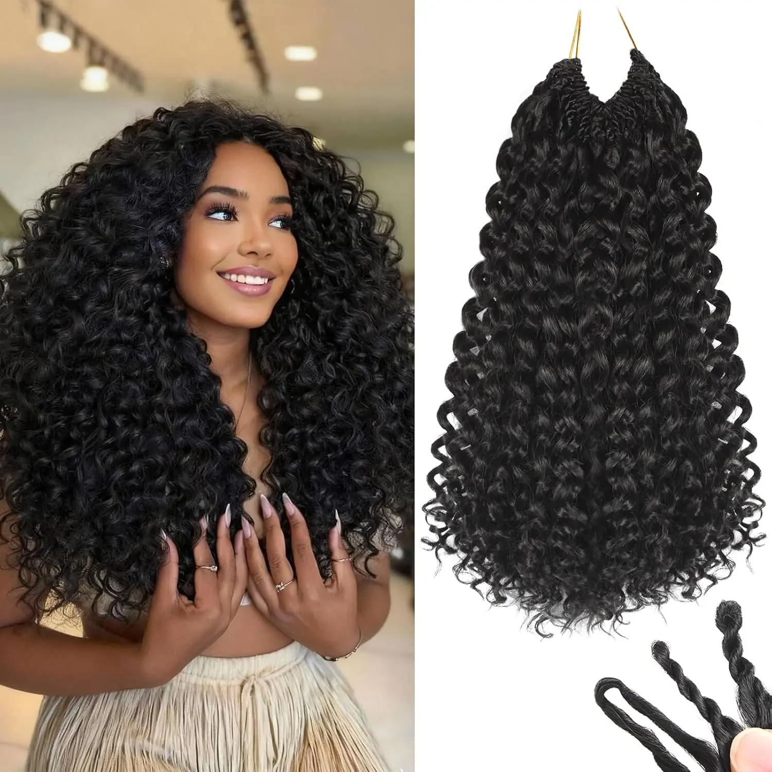 Bling Hair Burmese Curly bundles Deep Wave Crochet Human Hair 10-22 inch 50g Knotless Pre-Separated Feather Human Crochet Hair Lightweight Reusable Kinky Curly Hair Extensions With Spiral Curl for Women Natural Black Color