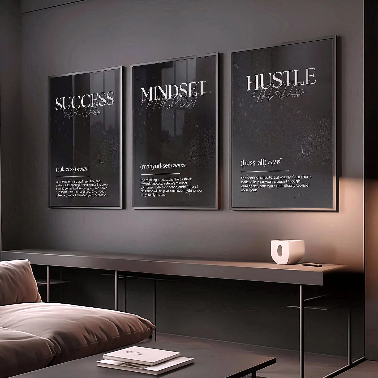 Hustle Mindset Success Poster Set of 3, Premium Quality Wall Art Poster, Unframed, Motivational Office Decor, Unique Trendy Gift