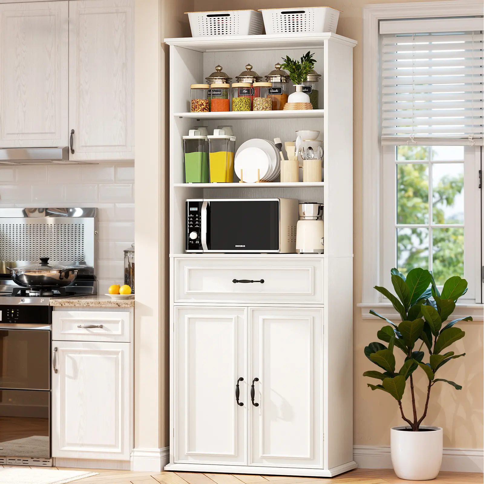 Cyclysio Farmhouse Style Drawer-Equipped High-Capacity Sideboard, 25"W x 80"H Retro Freestanding Kitchen Pantry Cabinet with Doors, 4-Compartment Hidden Storage Sideboards for Kitchen, Dining Room, Drawer-Equipped Sideboards