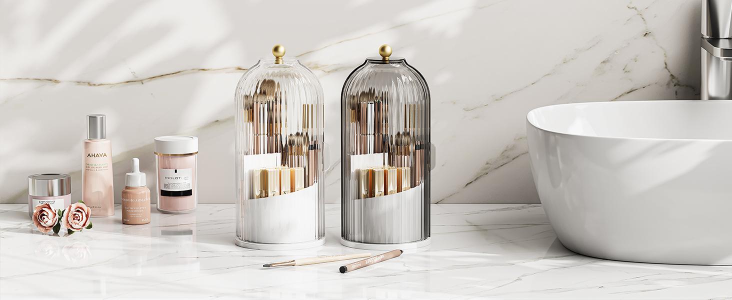 Dustproof Toothbrush Holders with Cover, Rotating Electric Toothbrush and Toothpaste Holder for Bathroom Countertop, 3 Slots Transparent Make up Brushes Organizer for Vanity Toothbrush  Brushes  Storage Bucket