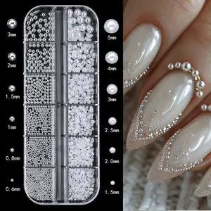 12Grids Boxed 3D Flat Back Nail Rhinestones Nail Gems Glass AB & Clear Crystal Rhinestones Kit Nail Art Charms DIY Manicure Accessories White Half Round Pearl Nail Art Decoration Mixed Size Silver Mini Steel Ball Rivet Rhinestone Sparkling Rhinestones