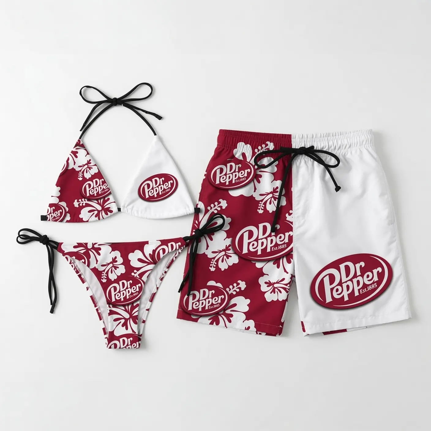 DR PEPP3R RED HIBISCUS Matching Couple Swimwear Set, Soda Logo String Bikini and Hawaiian Shorts for Women Men, His and Hers Summer Beach Vacation Pool Party Outfit Gift