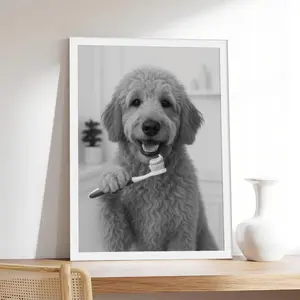 Goldendoodle Brushing Teeth _ Funny Dog Bathroom Decor, Pet & Animal Canvas Print, Minimalist & Neutral-Style Poster, Bedroom Aesthetic Wall Decor.