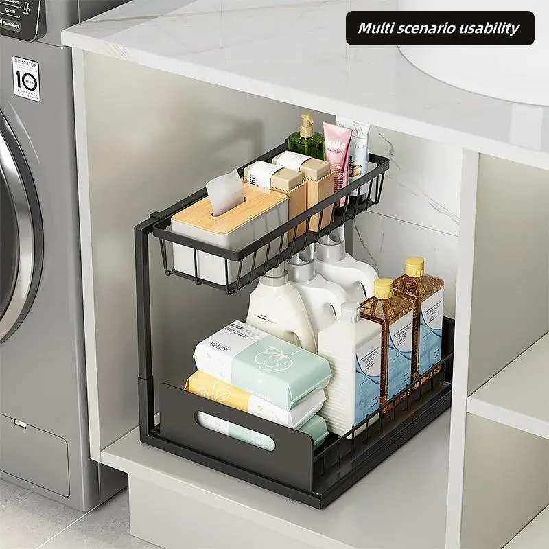 Kitchen Storage Rack, Double Layer Multifunctional Condiment Shelf, Under Sink Pull-Out Organizer, Space-Saving Design for Kitchen Organization