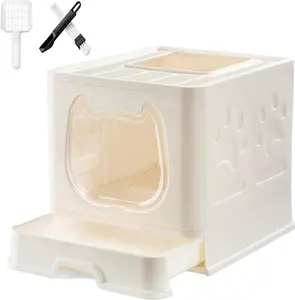 Foldable Cat Litter Box with Lid,Covered Litter Box for Small and Medium Cats, Enclosed Cat Potty with Scoop and Brush, Top Entry Cute Kitten Litter Tray with Drawer and Top Cover(White)