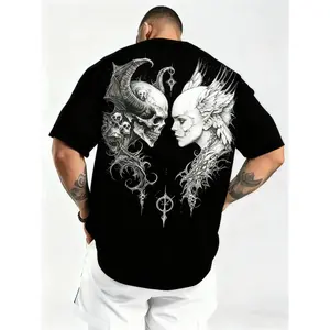 [Gothic Skull Print T-Shirt] Men's heavy 180g Gothic Skull Print T-shirt, stretch slim-fit loose style, suitable for concerts, street fashion, and everyday Wear - a casual top suitable for all seasons Bestie