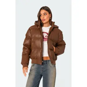 Edikted Women's Wintry Faux Leather Hooded Puffer Jacket